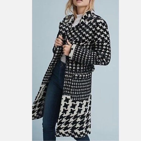Ett:twa by Anthropologie Black & Cream Wool Blend Houndstooth Coat Size XS - Picture 2 of 15